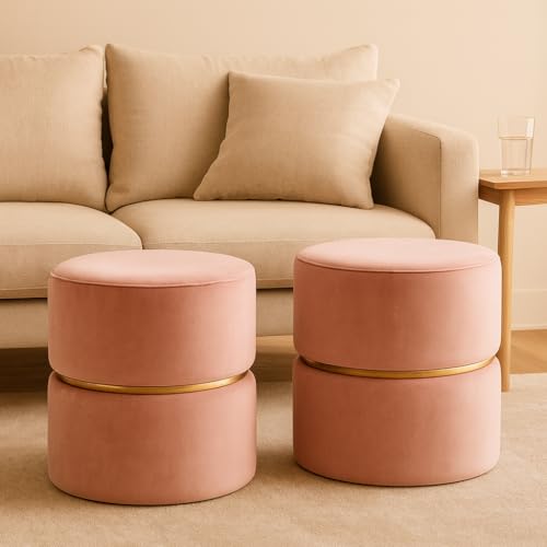 Image of Wooden Puffy Stool for Living Room Round Footstool - Ottoman Stool for Living Room Furniture Round Ottoman - Sitting Pouffe Ottoman Stool /Room Dcor /Office Stool - (Set of 2 Pink)