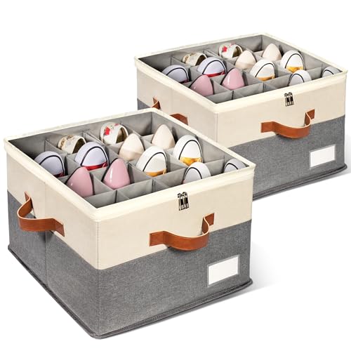 2-Pack-Shoe-Organizer-for-Closet-Adjustable-Shoe-Box-Storage-Containers-Large-Foldable-Shoe-Bins-with-Clear-Cover-Space-Saving-Shoes-Holder-with-4-Handles-Fits-16-32-Pairs-Beige 2 Pack Shoe Organizer for Closet, Adjustable Shoe Box Storage Containers, Large Foldable Shoe Bins with Clear Cover, Space Saving Shoes Holder with 4 Handles, Fits 16-32 Pairs, Beige - Image 1