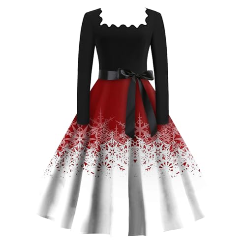 Azruma Damen Kleid Langarm Halloween Kleid Petticoat Unterrock Frauen Vintage Weihnachten Drucken Square Neck Rockabilly Midi Kleid Mit Gürtel...