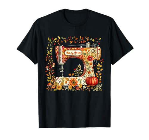 Vintage Floral Pumpkin Sewing Machine Fall Autumn Quilter T-Shirt