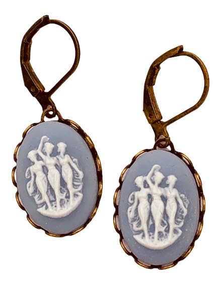 Blue and White Three Graces Cameo Earrings Resin Antique Gold