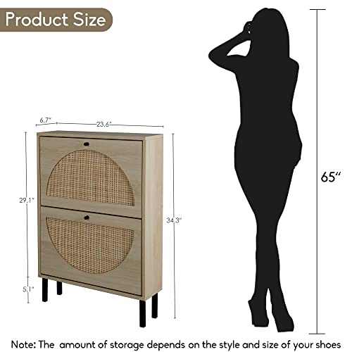 Pvillez Natural Rattan Shoe Cabinet, Modern Free Standing Shoe Racks Storage Cabinet With 2 Flip Drawers And Storage Shelves, Narrow Shoe Rack Cabinet For Entryway, Hallway, Bedroom, Natural #TOP1