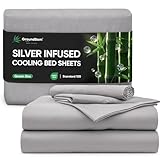 GroundBam Silver Infused Bed Sheets Set, Temperature-Regulating Fabric with Self-Cleaning Technology for 3X Freshness Sleep, Genuine Organic Viscose Derived from Bamboo(Queen, Gray)