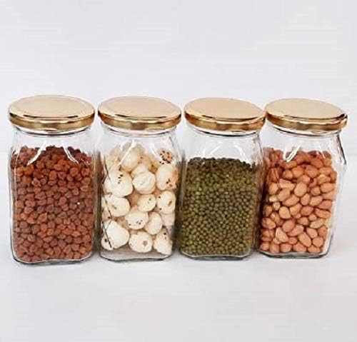 Mkd2 RiseMkd2 Rise Transparent Glass Jar And Container 250 Gm, Set of 4 With Rust Proof Air Tight Gold Cap For Kitchen Storage