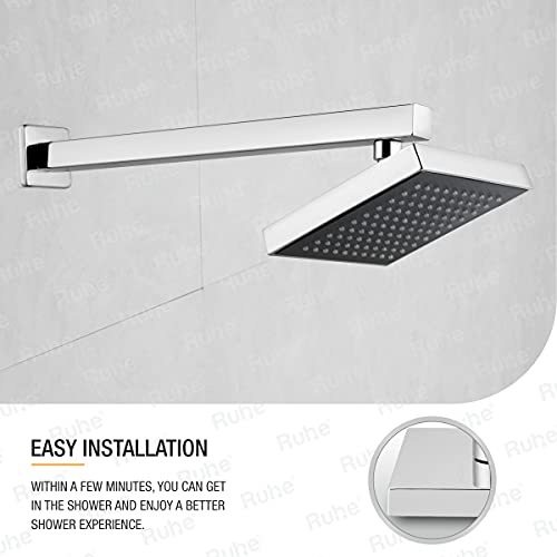 Image of Ruhe Gamma ABS Overhead Shower Complete Set | 6x6 Inches Square Showerhead with 15 Inches Stainless Steel Shower Arm and Wall Flange | Chrome Finish Rain Shower with Easy-to-Clean Silicone Nozzles