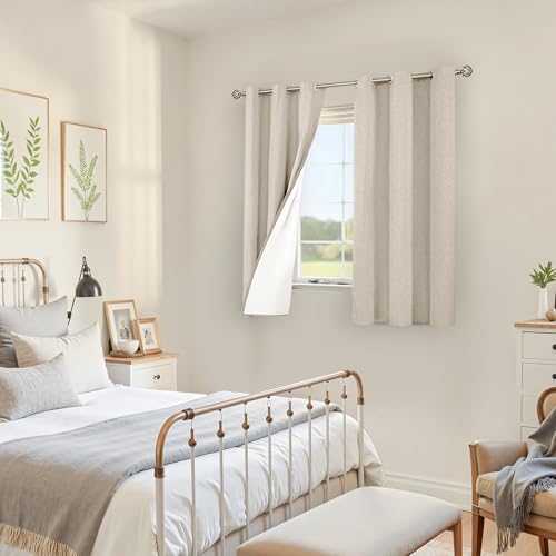 Image of YoungsTex Oatmeal Linen 100% Blackout Curtains 48 Inch Length for Bedroom, Short Thermal Insulated Drapes with Grommet Privacy Protection for Living Room Window, 2 Panels, 42 X 48 Inch