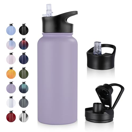 UMBFUN Edelstahl Trinkflasche - 1L - mit Strohhalm,Auslaufsicher,Kohlensäure Geeignet,BPA frei Thermosflasche(+2 Deckel) Vakuum Doppelwandisolierung für Sport,Reisen,Camping,Schule,Fahrrad,Gym