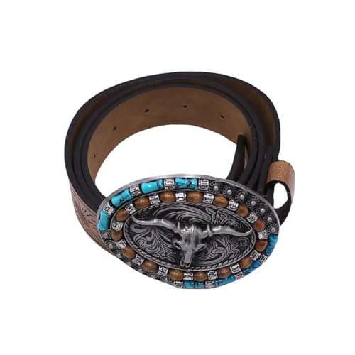 AIBEARTY Western Cowboy Cowgirl Leather Belt Retro Longhorn Bull Buckles Turquoise Embossed Waist Belts for Jeans Pants4