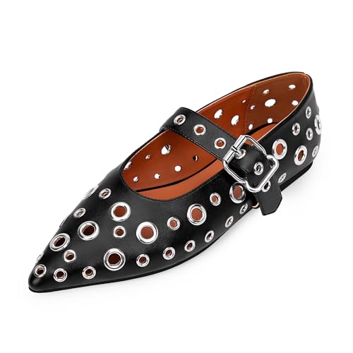 100FIXEO Women's Ballet Flats Metal Eyelet Perforated Studded Buckle Strap Pointed Toe Shoes