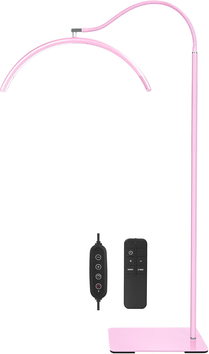 Half Moon Lash Light, LED Floor Lamp for Eyelash Extensions, Tattoo, Nails & Estheticians, 3 Color Temp Modes, Shadow-Free Beauty Light, 10 Brightness Levels, 360° Rotatable with Remote (Pink)