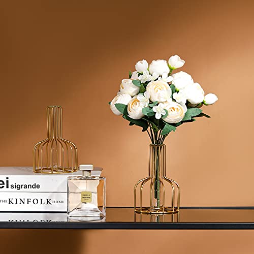 Luyue 2 Pack Fake Peony Flowers In Gold Vase Artificial Peonies Ins Flower Arrangement For Table Centerpiece Wedding Home Office Desktop Floral Decoration-(Ivory White) #TOP1