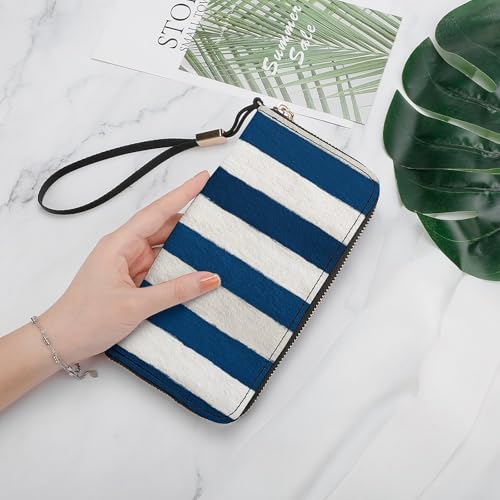 Blue White Striped Pattern PU Leather Clutch Long Bifold Wallet, Coin Purse Credit Pass Case, Durable Card-Holder Money Storage for Women Men4