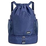 HOLYLUCK Mochila com cordão embalável com zíper e bolsos para garrafa de água, Azul com compartimento para sapatos, Com compartimento para sapatos
