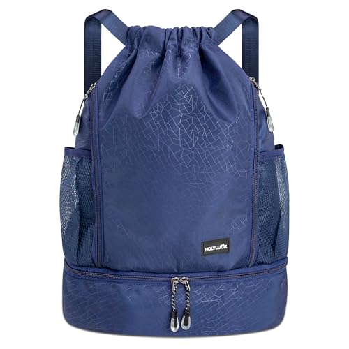 HOLYLUCK Mochila com cordão embalável com zíper e bolsos para garrafa de água, Azul com compartimento para sapatos, Com compartimento para sapatos