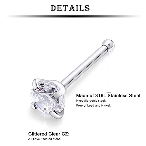 Kridzisw 18G Nose Rings Studs Piercings Jewelry For Women 18 Gauge Stainless Surgical Steel Nose Stud Straight Silver Stud Nose Ring Pin Bone Earrings Piercing Jewelry Women Men 2Mm Opal Diamond Gem #TOP6