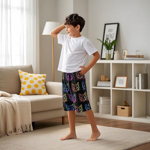 Colored Neon Cat Pajama Shorts Summer Lounge Pajama Bottoms Elastic Waist Pjs Pants for 6-14 Years4