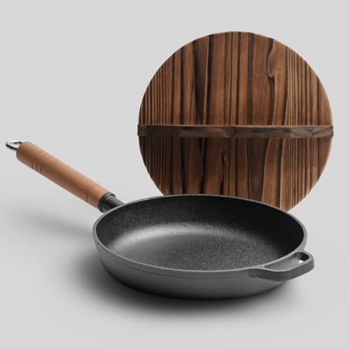 Kwueiit 鋳鉄製フライパン 26cm 杉材蓋付き 無コーティング 単ハンドル 厚底 凸型設計 ガスコンロ IH 対応 ステーキ 朝食調理用 (26cm シングルハンドルフライパン,シングルポット + ガラス蓋) [3]