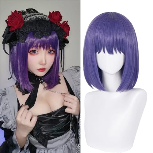 LABEAUTÉ Purple Bob Wig for Girls Women Cosplay Wig Anime Short Straight Lavender Hair with Bangs for Halloween Party with Cap (Purple)
