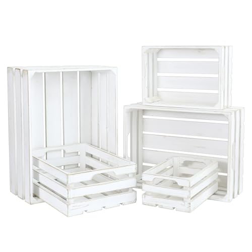 MACVAD 5-Piece Rustic White Wooden Crates Set Wall Mountable Slatted Storage Crates with Handles Farmhouse Wooden Crates for Display & Organizer for Home Decor