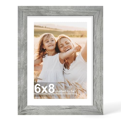 Hongkee 6x8 Picture Frame with Real Glass Wood Frame, 1 Pack (with Mat 5x7)