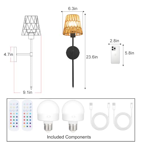 Image of Boho Battery Operated Wall Sconce Set of 2, Black Rattan Rechargeable Wall Lights with Dimmable Bulbs and Remote,15 Colors Wireless Wall Lamps for Bedroom Living Room Hallway Decor