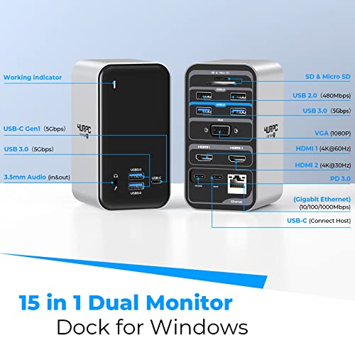 Usb C Docking Station Dual Monitor,4Urpc 15 In 1 Laptop Docking Station Dual Hdmi, Vga, Usb C Dock With 65W Power Delivery, 7 Usb Ports, Gigabit Ethernet, Sd/Tf For Dell Hp Lenovo, Plug And Play #TOP5