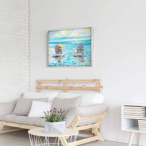 Abstract Beach Canvas Wall Art: Coastal Chairs Artwork Seascape Painting Woodgrain Framed For Bedroom (40'' X 30'' X 1 Panel) #TOP2