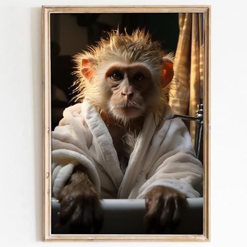 Funny Monkey Wall Art Cute Animal Posters Animal Bathroom Artwork Funny Bathroom Painting Cute Monkey Pictures Funny Animal Posters Rustic Animal Pictures Monkey in Bathtub Wall Art 16x24in Frameless