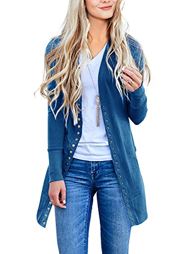 Merokeety Women's Long Sleeve Snap Button Down Solid Color Knit Ribbed Neckline Cardigans Teal #TOP1