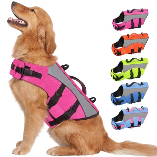 Queenmore Dog Life Jacket for Swimming, Adjustable Pet Vest for Large Dogs