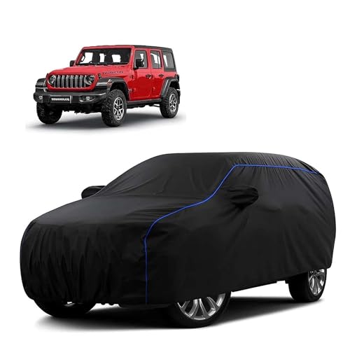 Image of Sulfar 100% Water Resistant Car Body Cover Compatible with Mirror for Jeep Wrangler (Triple Stitched, Full Bottom Elastic, Black Tafetta with Blue Piping)
