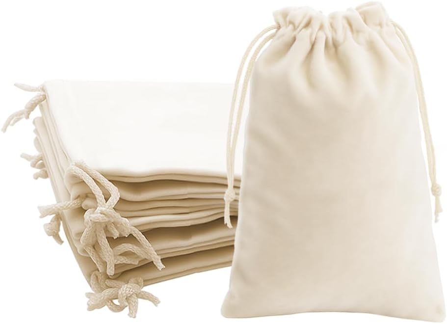 Mandala Crafts 8x10 Cream Velvet Drawstring Bags - 15 Large Velvet Drawstring Pouches Bulk for Party and Wedding Favor, Gift Wrapping, Packaging, and Jewelry Gift Bags