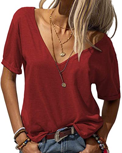 Grlasen Women Summer Deep V-Neck Short Sleeve Tops Fashion Casual Solid Loose Basic T Shirt Red #TOP18
