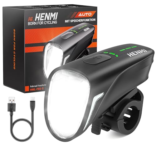 HENMI Fahrradlicht Vorne mit Speicherfunktion, StVZO Zugelassen Auto Fahrradlampe Vorne,USB Aufladbar Fahrradbeleuchtung 100 Lux mit 4 Beleuchtungsmodi,IPX5 Wasserdicht