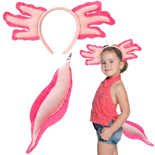 Alaxciax Axolotl Headband and Tail, Axolotl Costume Accessories Set Axolotl Gifts for Kids Girls Boys Birthday Fancy Dress Up (Pink)