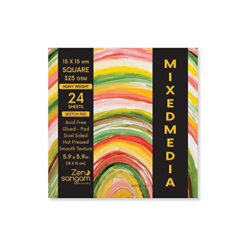 Image of Zen Sangam Artists' Square Heavy Weight Mixed Media Glued Sketch Paper Pad - 325GSM, Hot Pressed - 24 Sheets - Smooth Texture Surface (15x15cm) For Heavy-body Paints,Calligraphy and BrushPen Lettering
