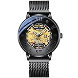 SOLLEN Orologio da uomo automatico scheletro, movimento meccanico originale, scheletro bifacciale, orologio a carica automatica per uomo, resistente all'acqua 3 ATM, luminoso, orologio da polso casual