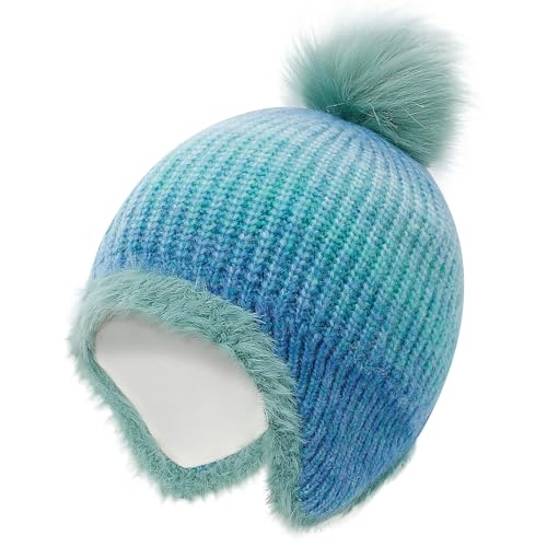 Image of MASOCIO Kids Girl Winter Hat Girls Fleece Lining Warm Bobble Beanie with Ear Flaps 4 5 6 7 8 9 Toddler Children Thermal Knitted Caps with Pom Pom Age 3-10 Years Blue