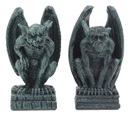 Ebros Gift Notre Dame Castle Top Guardian Mini Gargoyles Crouching On Stone Pedestals Resin Figurine Set Of 2 Miniature Fairy Garden Gargoyle Sculpture Pair 2.5" Tall #TOP1