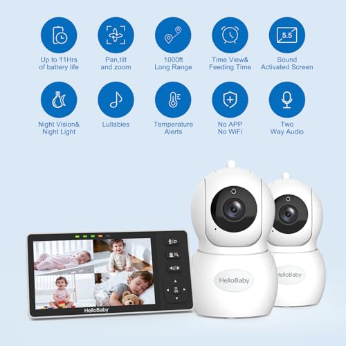 HelloBaby Baby Monitor with 2 Cameras, 5.5" 720P HD No WiFi Audio Display Split Screen, Dual 1080P Cameras, Pan-Tilt-Zoom, 2-Way Talk, Night Vision, 4000mAh Battery, Clock & Timer, Wide View by HelloBaby - Image 4