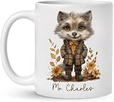 Vintage Wolf In Autumn White, Personalized Animal Themed Ceramic Cup, Name On Animal Coffee Cup Grandpa And Dad, Autumn Keepsake Mug 11 oz