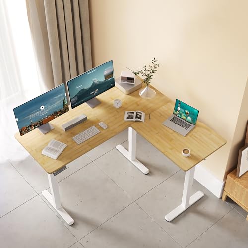 Image of Claiks L Shaped Standing Desk Dual Motor 63x55 Inch Bamboo