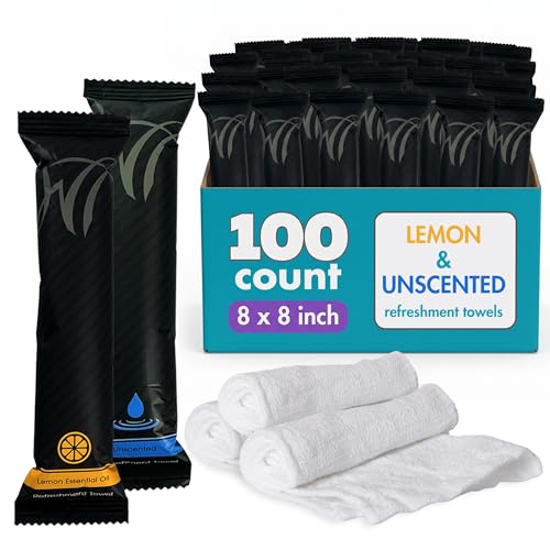 White Towel Services 8" x 8" inch Moist Cotton Towel Individually Wrapped - Lemon and Unscented (Case of 100) - Single-Use Oshibori Style Cotton Hospitality Towels