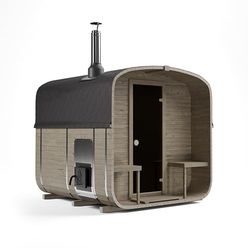 AZS-ENGINEERING Fasssauna Garten Outdoor Sauna aus Fichtenholz – Verschiedene Größen (4–6 Personen) – Wahlweise mit Holzofen ETNA