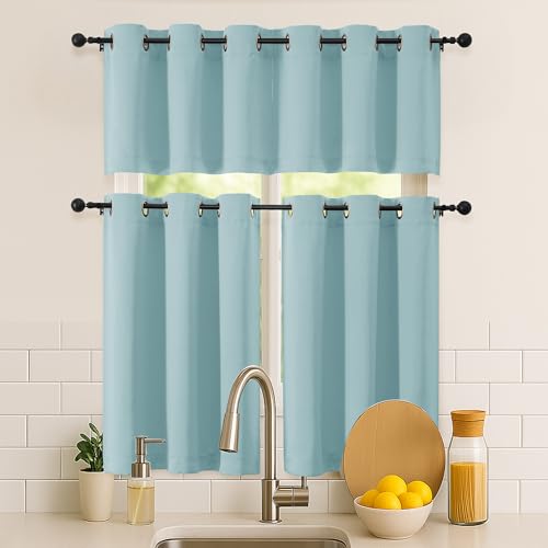Image of Simplebrand Aqua Window Valance for Kitchen 14 Inches Long 2 Panels Set, Room Darkening Valance Curtains for Living Room, Grommet Short Privacy Kitchen Curtains for Bedroom Kids Room, 40Wx14L