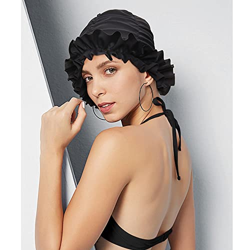 Women Swim Bathing Cap Vintage Elastic Swim Turban Retro Ruffles Swimming Hat Pool Party Ruffles Beanie Cap Non-Waterproof #TOP6
