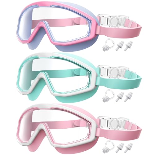 QALLY Kids Goggles Age 4-16, Anti-Fog UV 180°Clear View Kids Swim Goggles, 3 Pack Swimming Goggles Waterproof Pool Goggles for Boys Girls Toddler Kids Youth