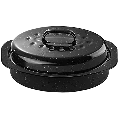 DIMESHY 13Inch Roasting Pan, Enamel on Steel, Black Covered Oval Roaster Pan with Lid, Small Cookware for Turkey, Small Chicken, Roast Baking Pan. Cover