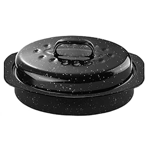 DIMESHY 13Inch Roasting Pan, Enamel on Steel, Black Covered Oval Roaster Pan with Lid, Small Cookware for Turkey, Small Chicken, Roast Baking Pan.