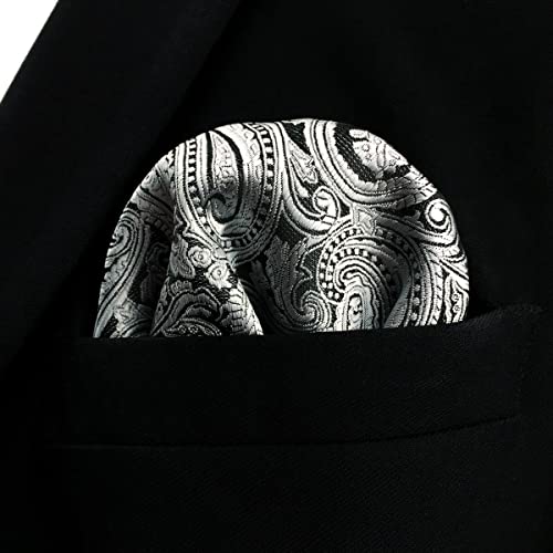 Shlax&Wing Pocket Square For Men Silver Black Paisley Silk Hanky #TOP1